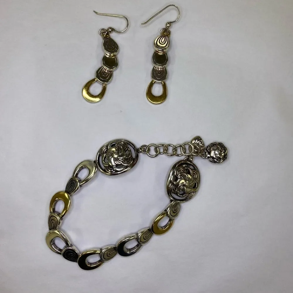 BRIGHTON gold and silver etched circle links bracelet‎ and earrings set.